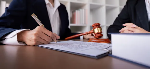 2 men at table with gavel between them