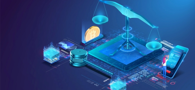scales, gavel, bitcoin logo montage