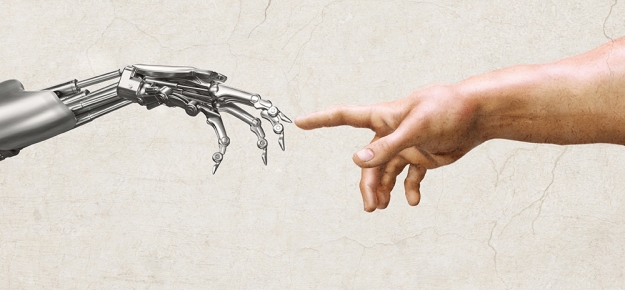 Closeup of the hands from "Creation of Man" from the Sistine Chapel, with a robot hand replacing Adam's