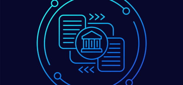 green and blue design of courthouse and documents in a circle