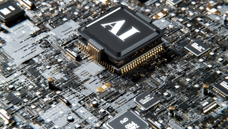 A microchip on a circuit board, representing AI.