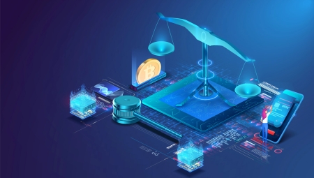 scales, gavel, bitcoin logo montage