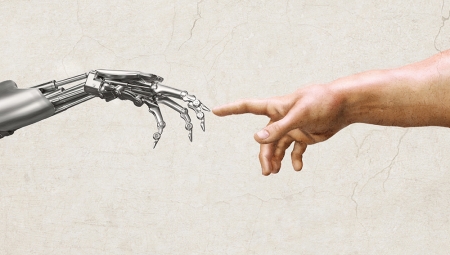 Closeup of the hands from "Creation of Man" from the Sistine Chapel, with a robot hand replacing Adam's