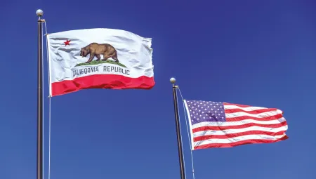 The California and U.S. flags flapping in the wind.